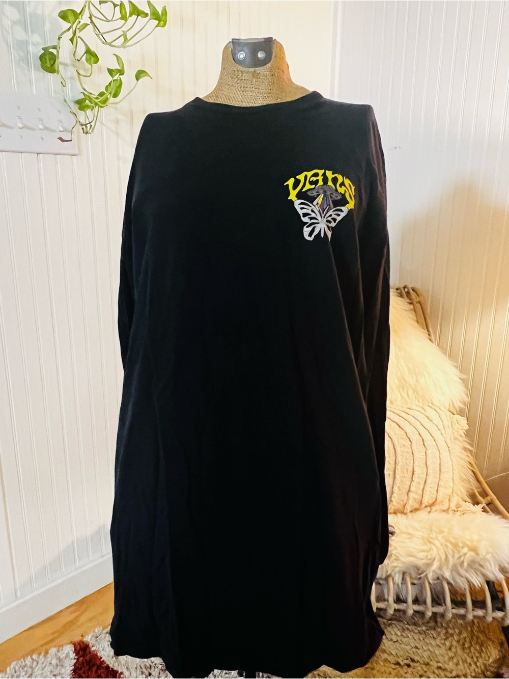 Men's Black Long-Sleeve Van’sTee with Yellow & White Butterfly Graphic